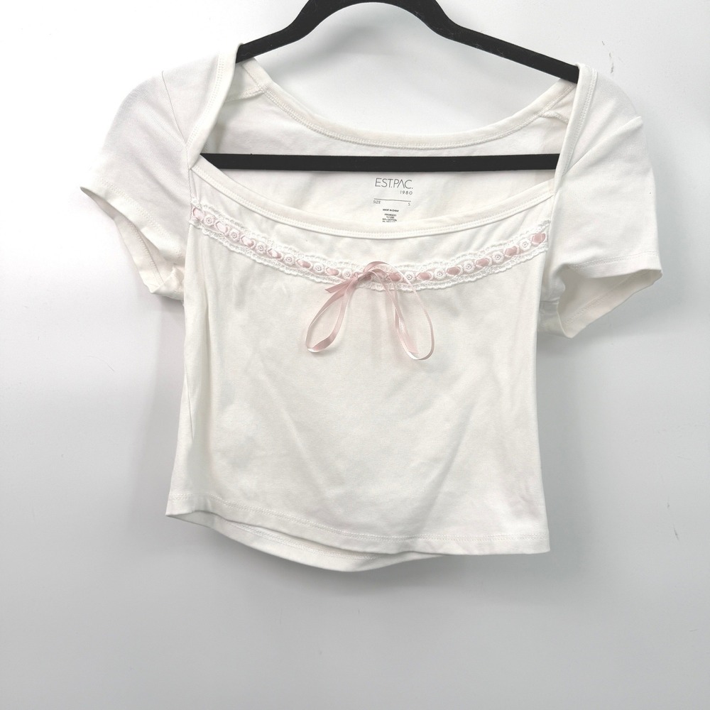 White Lace Trim Bow Crop Top Womens S Babydoll Coquette Balletcore Y2K Style